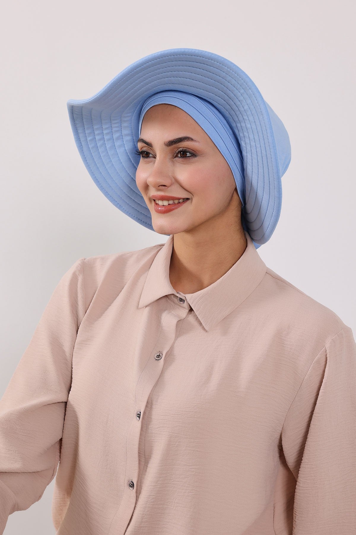 Modest Sun Protective Turban Bonnet with Removable Bow Brim for Women, 2-in-1 Hijab Hat with Removable Brim,S-4 Blue