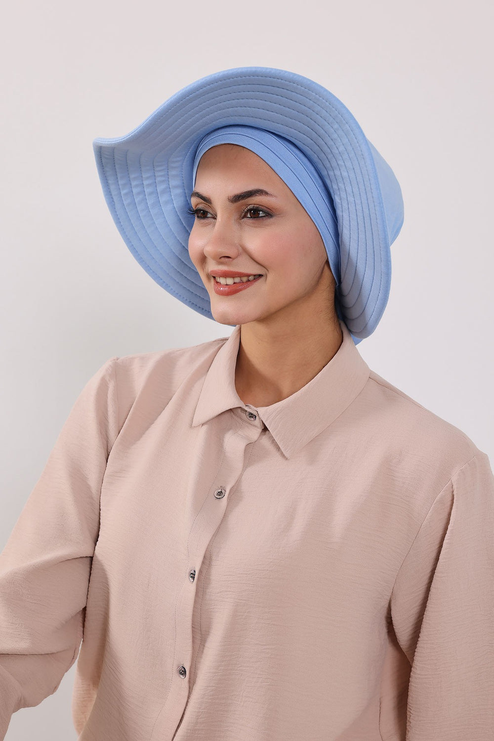 Modest Sun Protective Turban Bonnet with Removable Bow Brim for Women, 2-in-1 Hijab Hat with Removable Brim,S-4 Blue