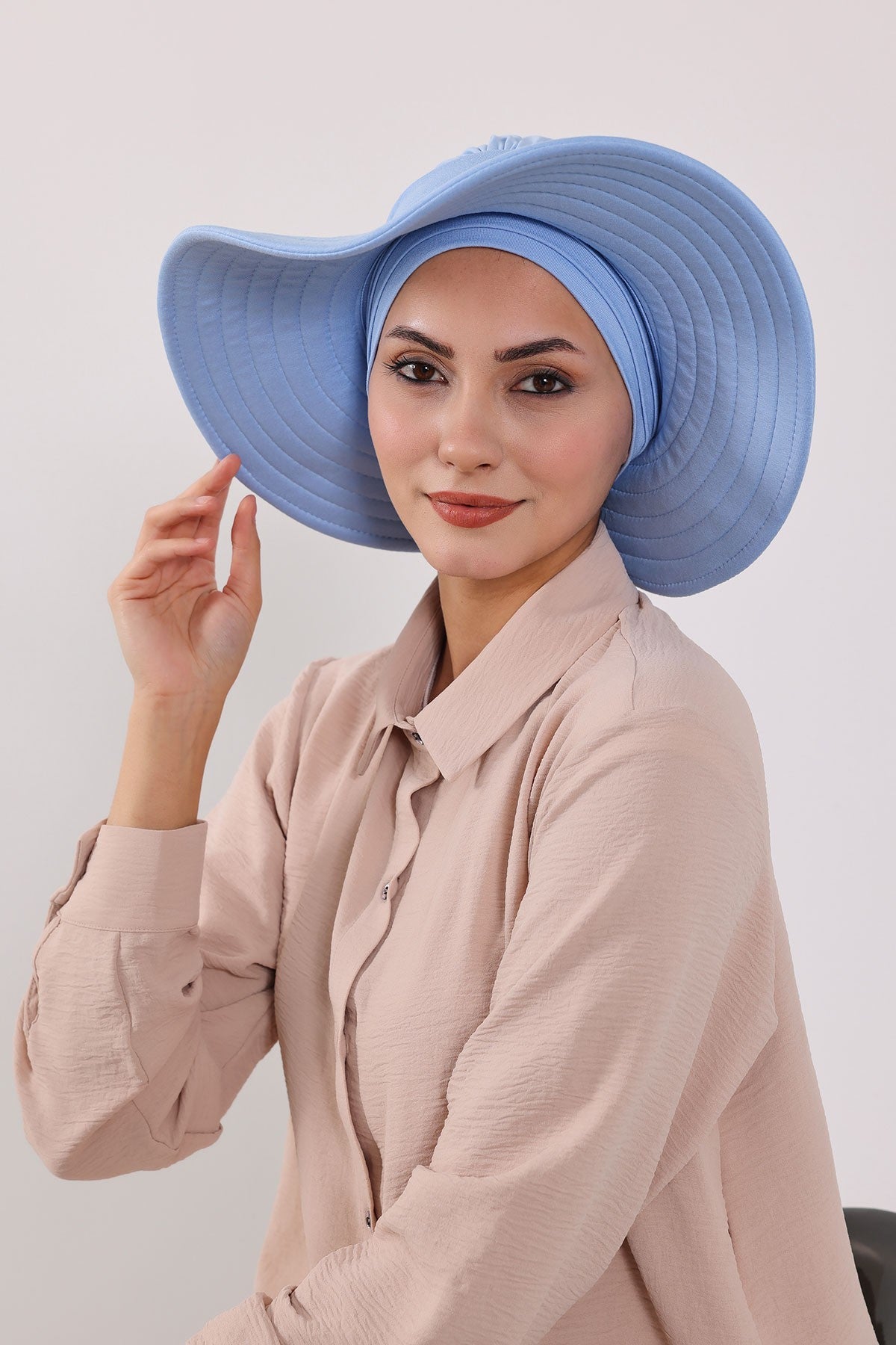 Modest Sun Protective Turban Bonnet with Removable Bow Brim for Women, 2-in-1 Hijab Hat with Removable Brim,S-4 Blue