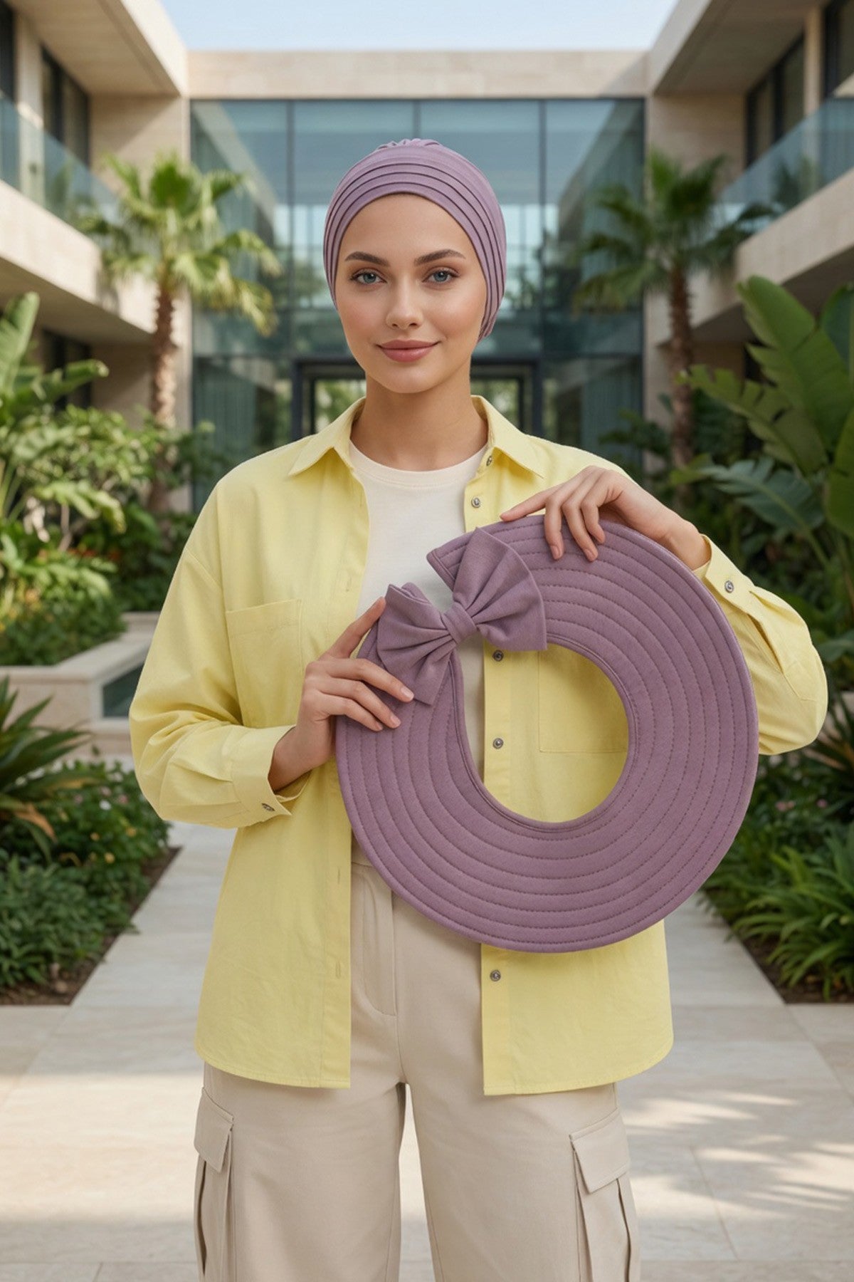 Modest Sun Protective Turban Bonnet with Removable Bow Brim for Women, 2-in-1 Hijab Hat with Removable Brim,S-4 Lilac