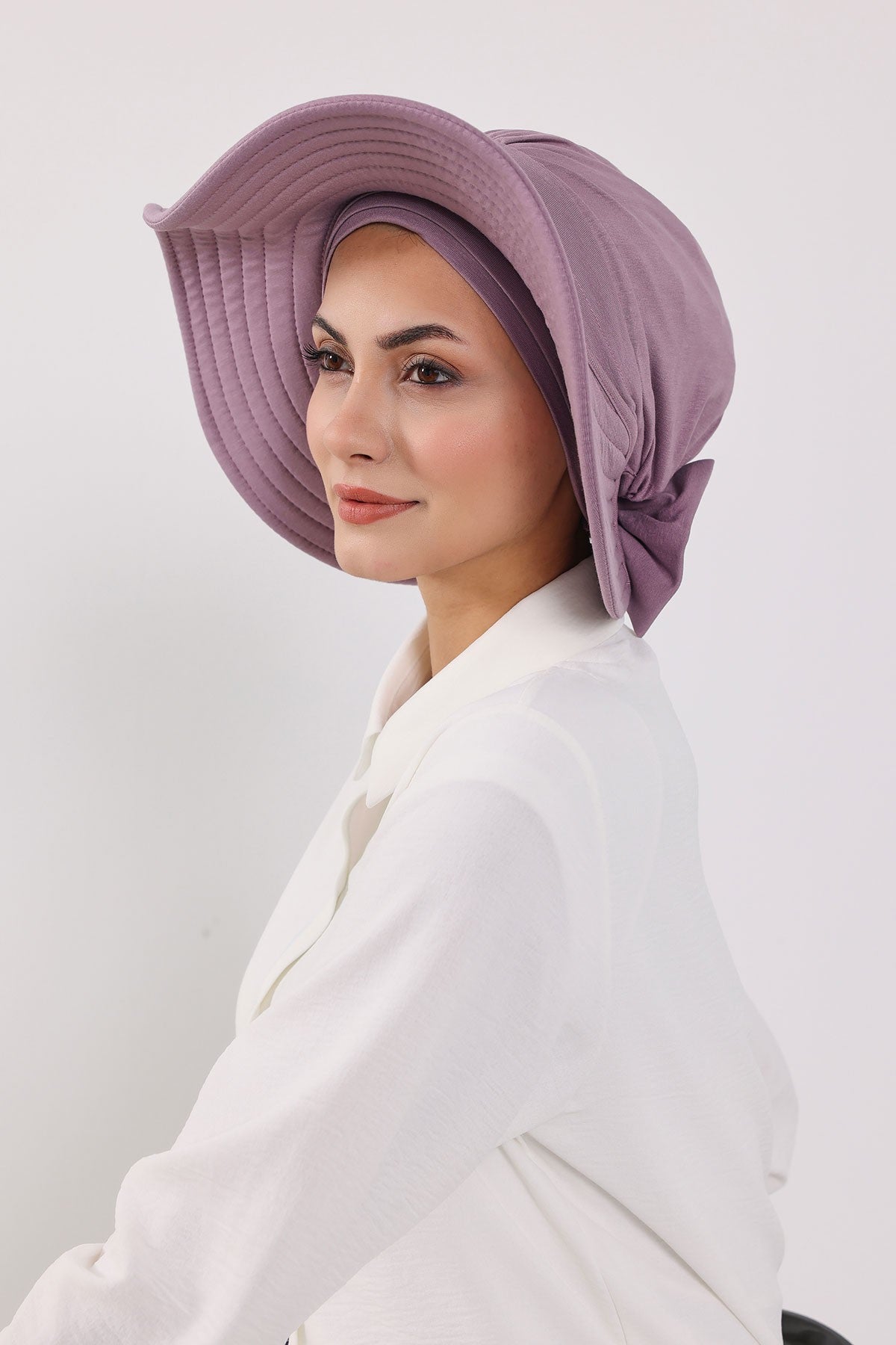 Modest Sun Protective Turban Bonnet with Removable Bow Brim for Women, 2-in-1 Hijab Hat with Removable Brim,S-4 Lilac