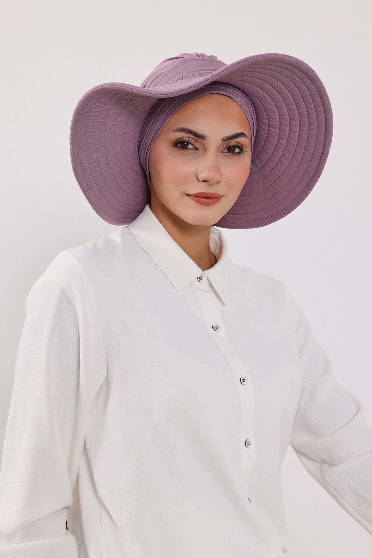 Modest Sun Protective Turban Bonnet with Removable Bow Brim for Women, 2-in-1 Hijab Hat with Removable Brim,S-4 Lilac