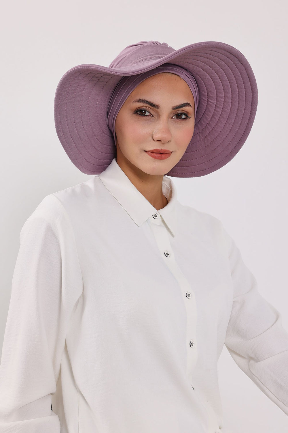 Modest Sun Protective Turban Bonnet with Removable Bow Brim for Women, 2-in-1 Hijab Hat with Removable Brim,S-4 Lilac