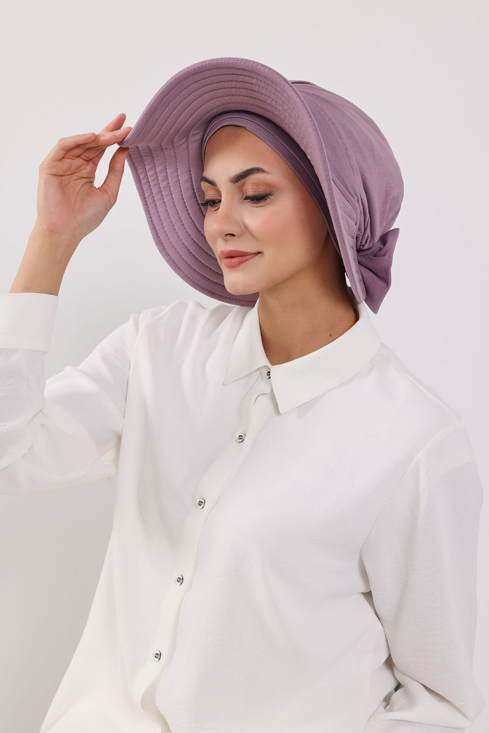 Modest Sun Protective Turban Bonnet with Removable Bow Brim for Women, 2-in-1 Hijab Hat with Removable Brim,S-4 Lilac