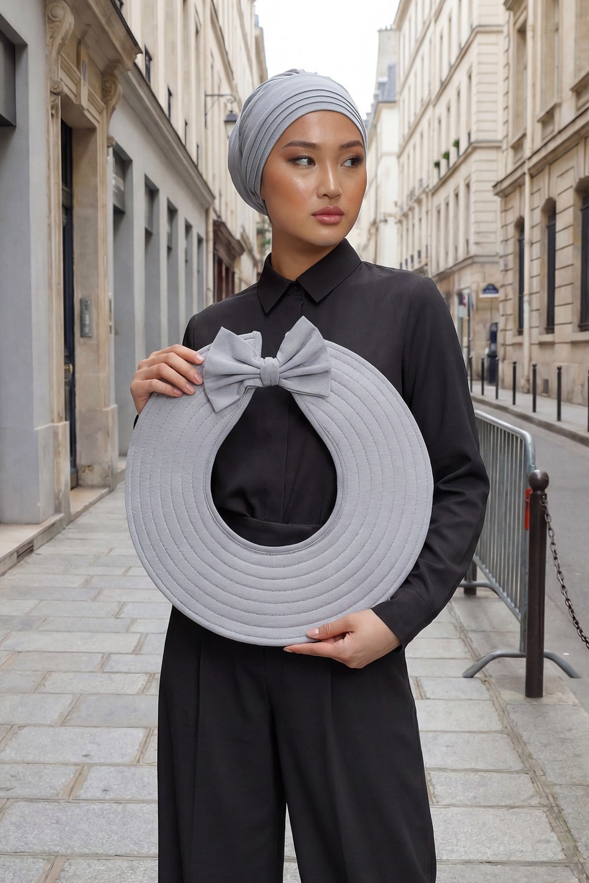 Modest Sun Protective Turban Bonnet with Removable Bow Brim for Women, 2-in-1 Hijab Hat with Removable Brim,S-4 Grey 2