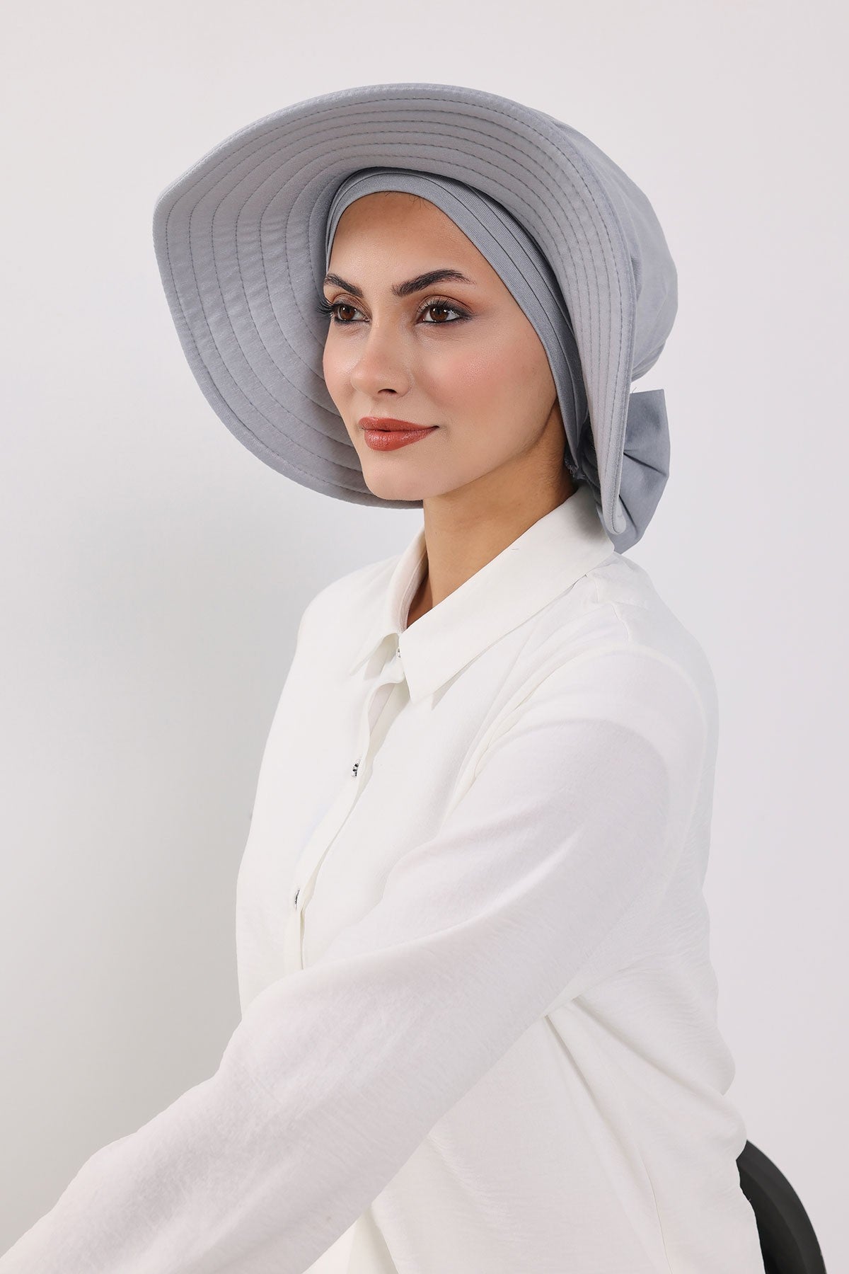 Modest Sun Protective Turban Bonnet with Removable Bow Brim for Women, 2-in-1 Hijab Hat with Removable Brim,S-4 Grey 2
