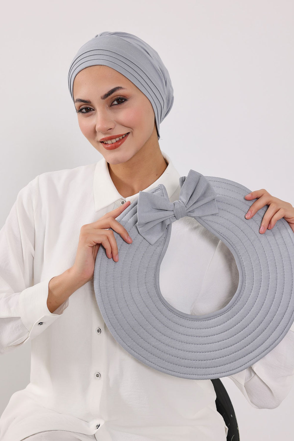 Modest Sun Protective Turban Bonnet with Removable Bow Brim for Women, 2-in-1 Hijab Hat with Removable Brim,S-4 Grey 2