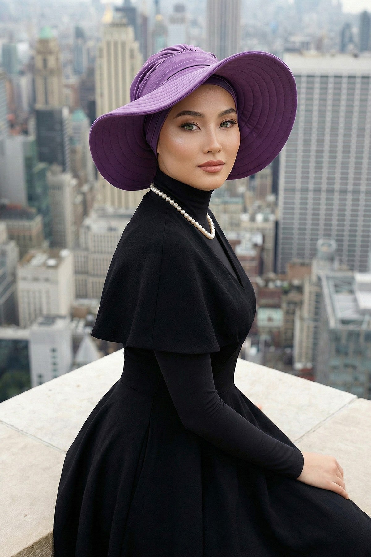 Modest Sun Protective Turban Bonnet with Removable Bow Brim for Women, 2-in-1 Hijab Hat with Removable Brim,S-4 Purple 2