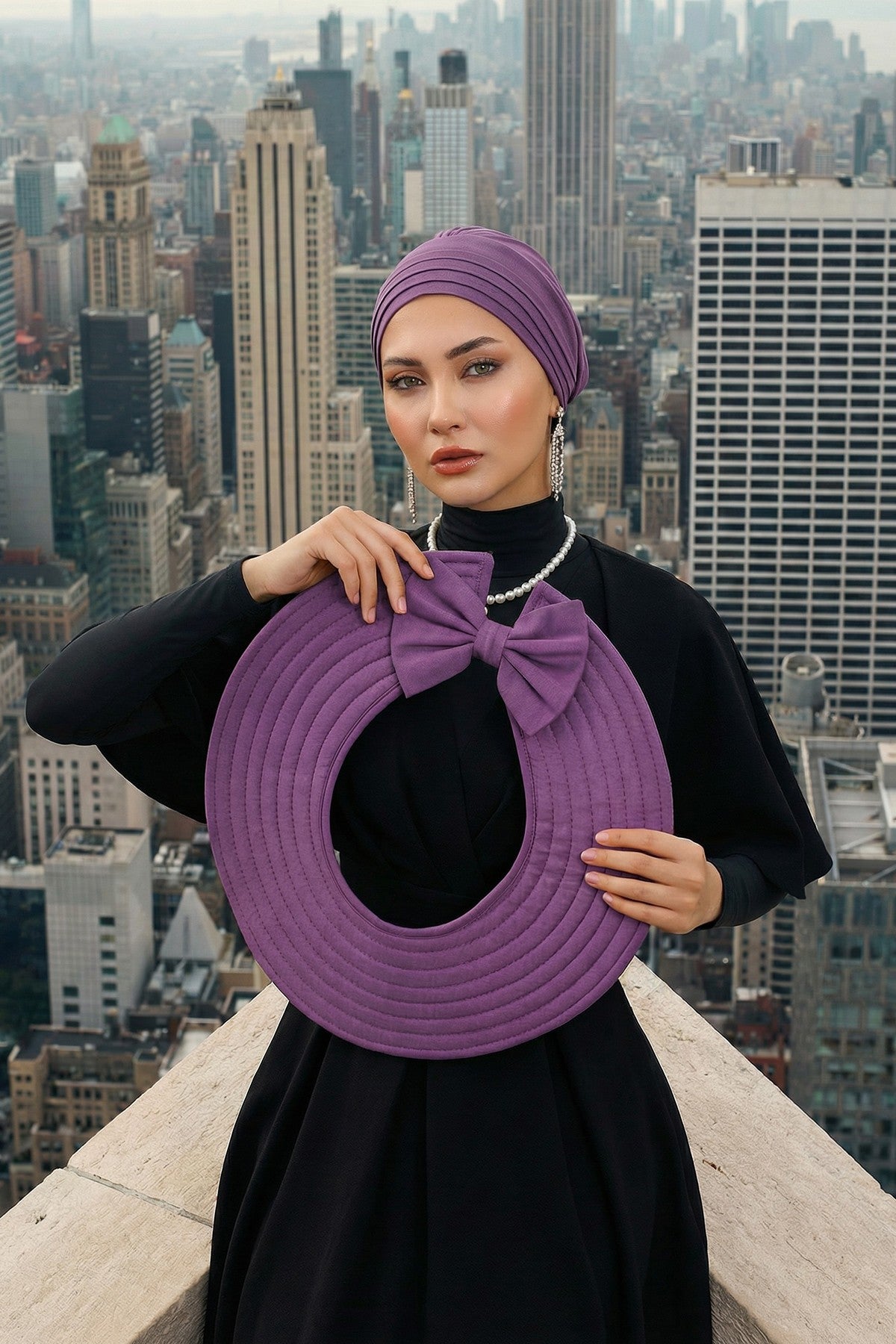 Modest Sun Protective Turban Bonnet with Removable Bow Brim for Women, 2-in-1 Hijab Hat with Removable Brim,S-4 Purple 2