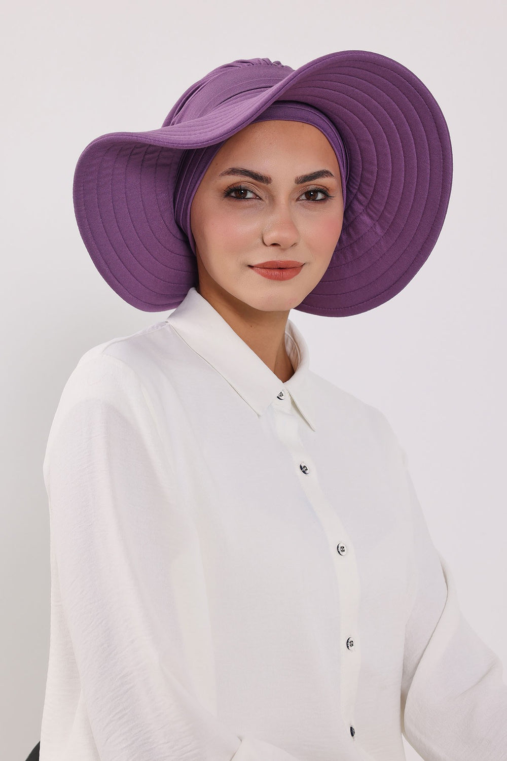Modest Sun Protective Turban Bonnet with Removable Bow Brim for Women, 2-in-1 Hijab Hat with Removable Brim,S-4 Purple 2