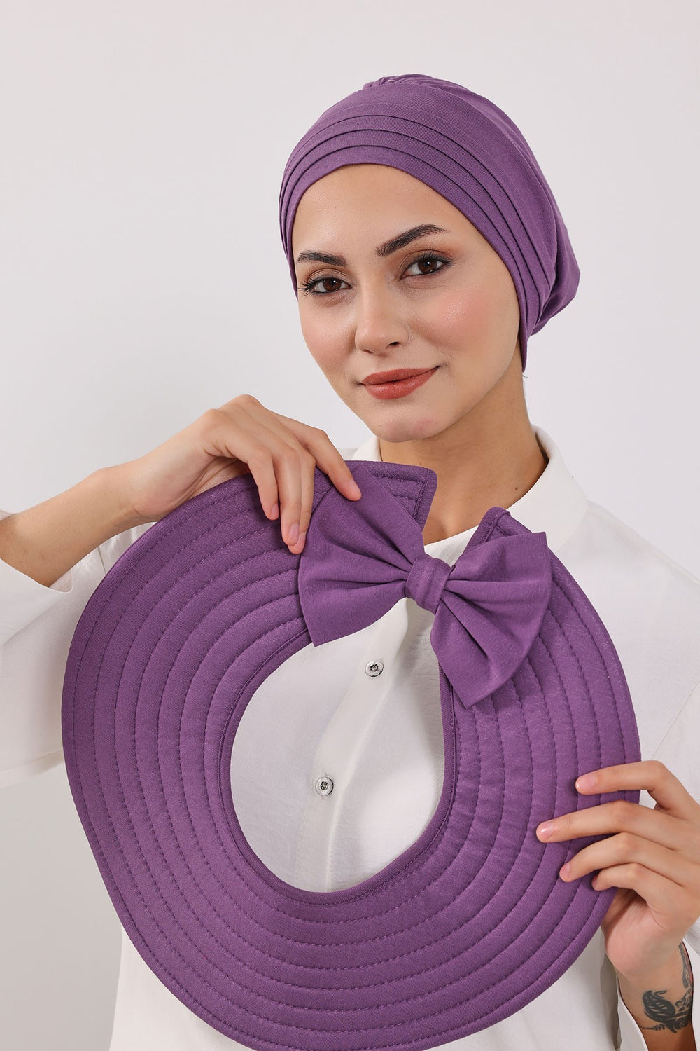 Modest Sun Protective Turban Bonnet with Removable Bow Brim for Women, 2-in-1 Hijab Hat with Removable Brim,S-4 Purple 2
