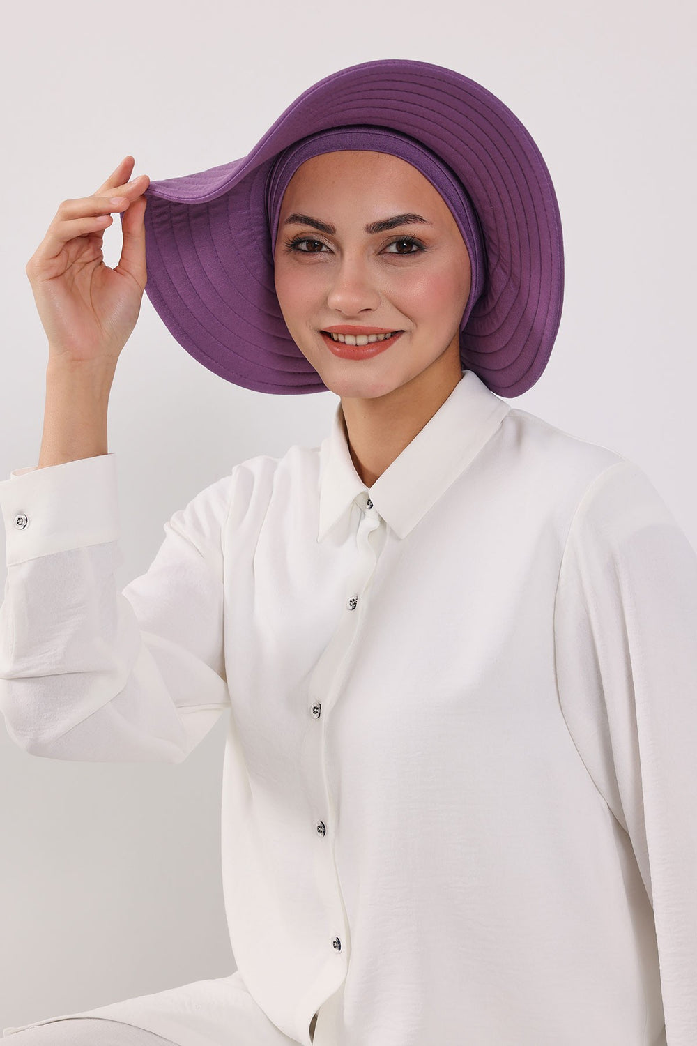 Modest Sun Protective Turban Bonnet with Removable Bow Brim for Women, 2-in-1 Hijab Hat with Removable Brim,S-4 Purple 2
