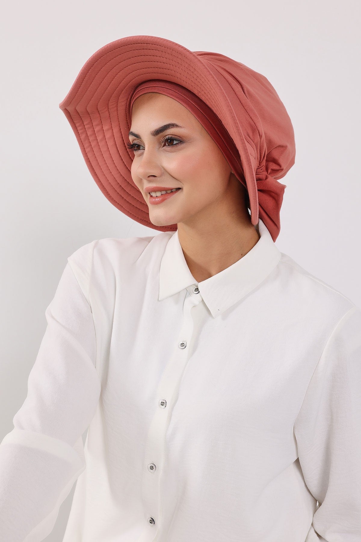 Modest Sun Protective Turban Bonnet with Removable Bow Brim for Women, 2-in-1 Hijab Hat with Removable Brim,S-4 Salmon