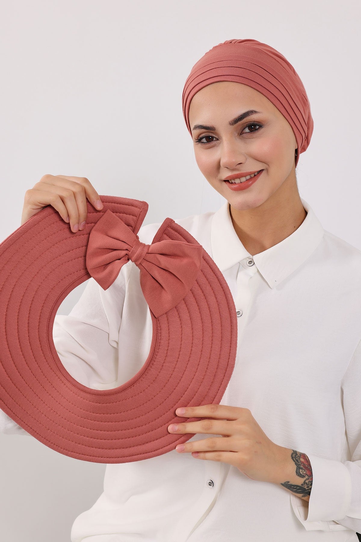 Modest Sun Protective Turban Bonnet with Removable Bow Brim for Women, 2-in-1 Hijab Hat with Removable Brim,S-4 Salmon