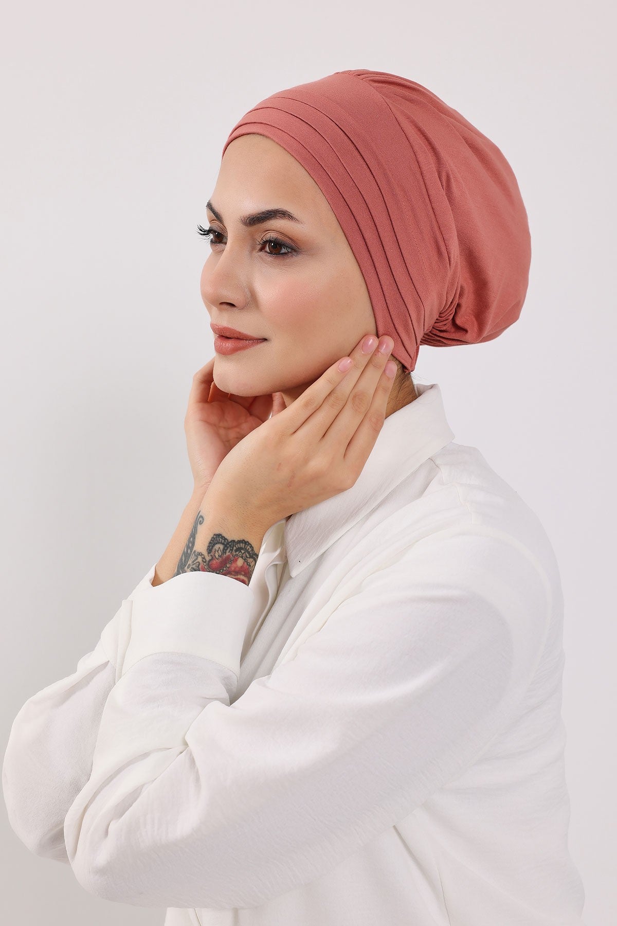Modest Sun Protective Turban Bonnet with Removable Bow Brim for Women, 2-in-1 Hijab Hat with Removable Brim,S-4 Salmon