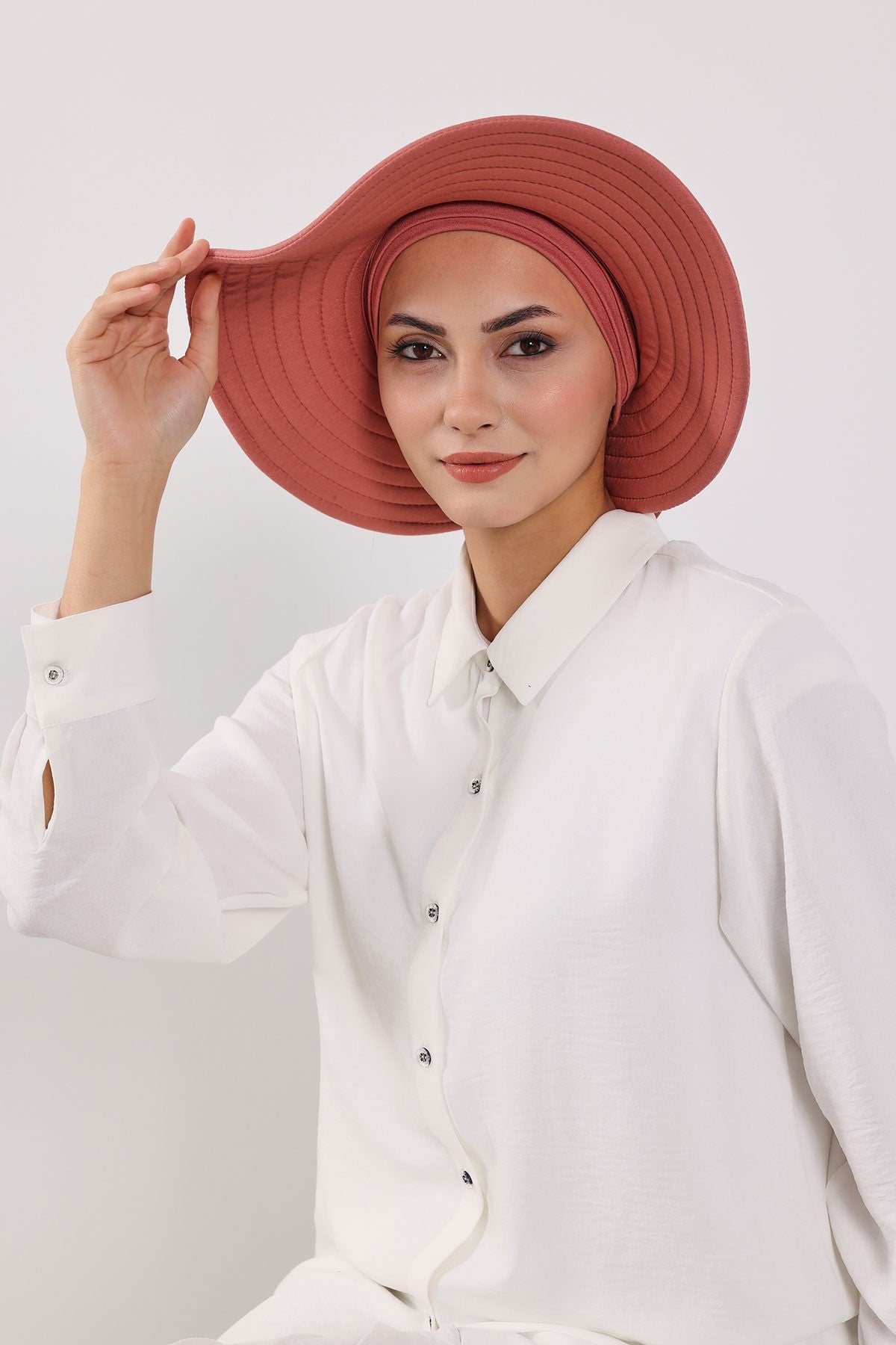 Modest Sun Protective Turban Bonnet with Removable Bow Brim for Women, 2-in-1 Hijab Hat with Removable Brim,S-4 Salmon