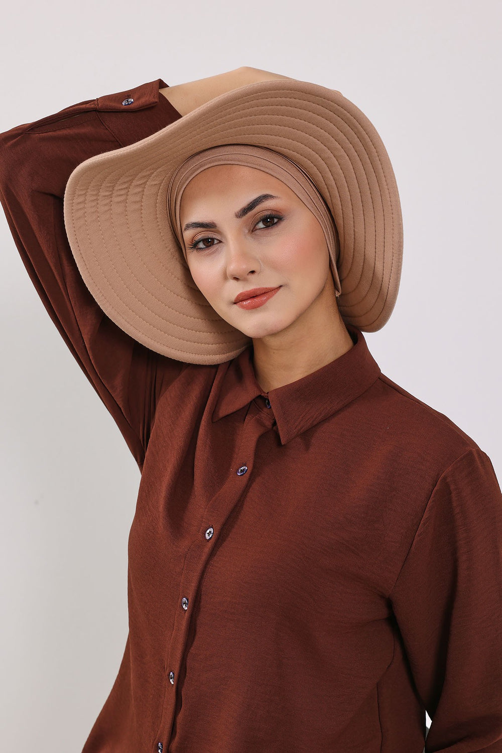 Modest Sun Protective Turban Bonnet with Removable Bow Brim for Women, 2-in-1 Hijab Hat with Removable Brim,S-4 Sand Brown
