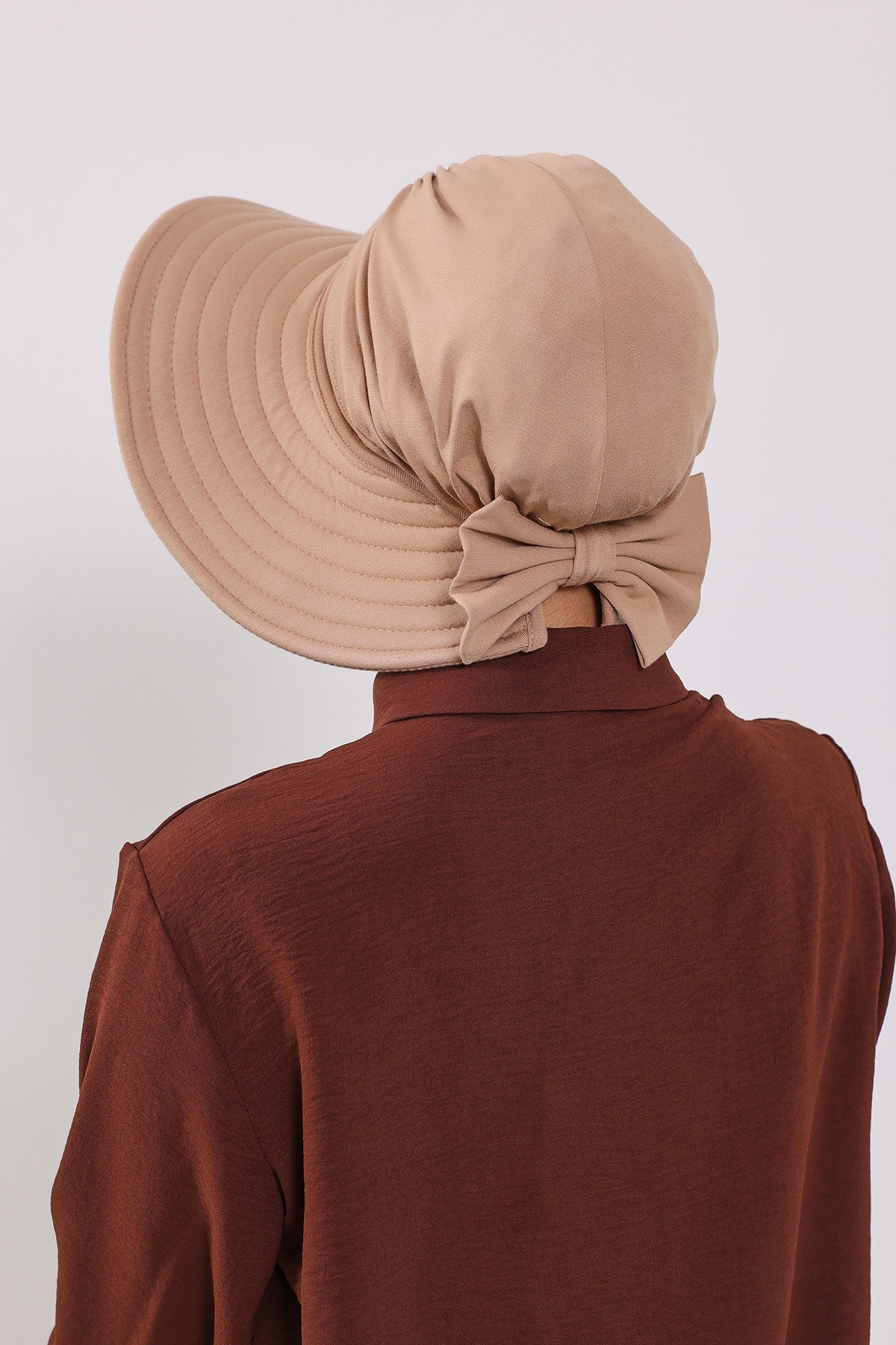 Modest Sun Protective Turban Bonnet with Removable Bow Brim for Women, 2-in-1 Hijab Hat with Removable Brim,S-4 Sand Brown