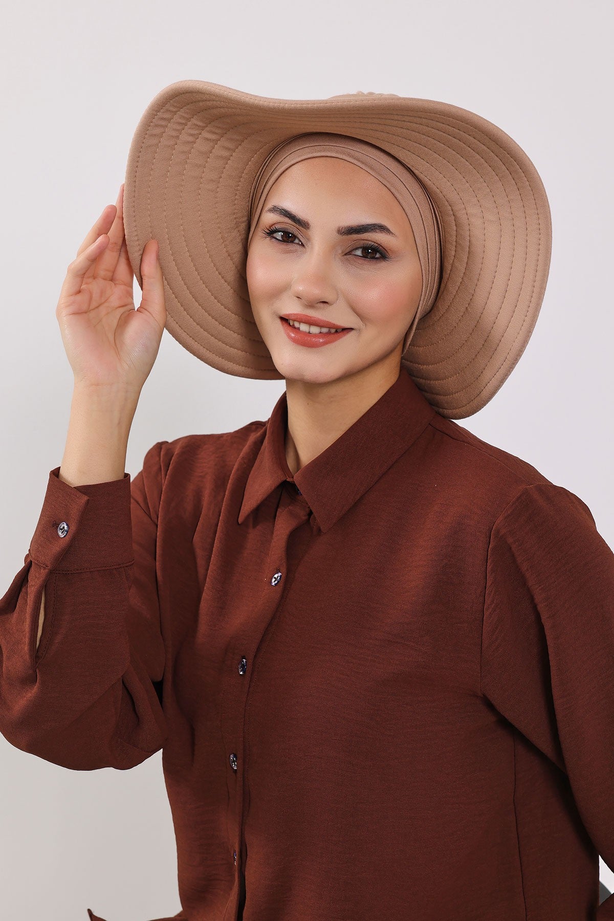 Modest Sun Protective Turban Bonnet with Removable Bow Brim for Women, 2-in-1 Hijab Hat with Removable Brim,S-4 Sand Brown