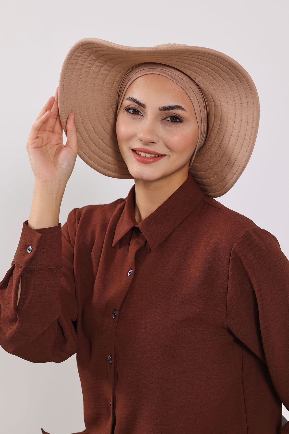 Modest Sun Protective Turban Bonnet with Removable Bow Brim for Women, 2-in-1 Hijab Hat with Removable Brim,S-4 Sand Brown