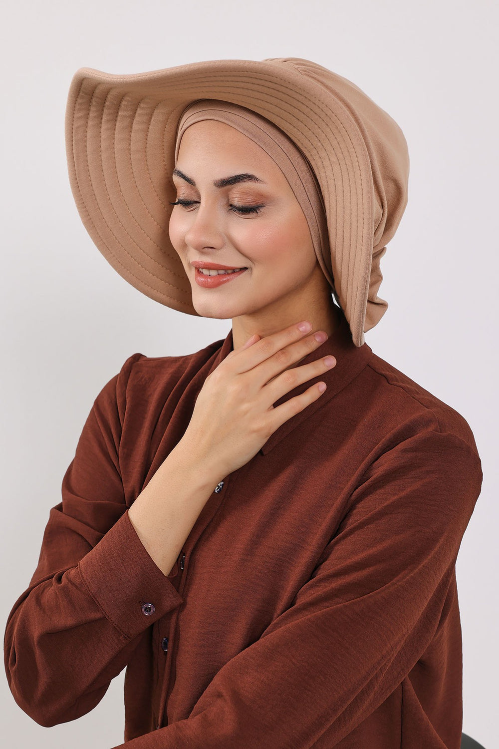 Modest Sun Protective Turban Bonnet with Removable Bow Brim for Women, 2-in-1 Hijab Hat with Removable Brim,S-4 Sand Brown