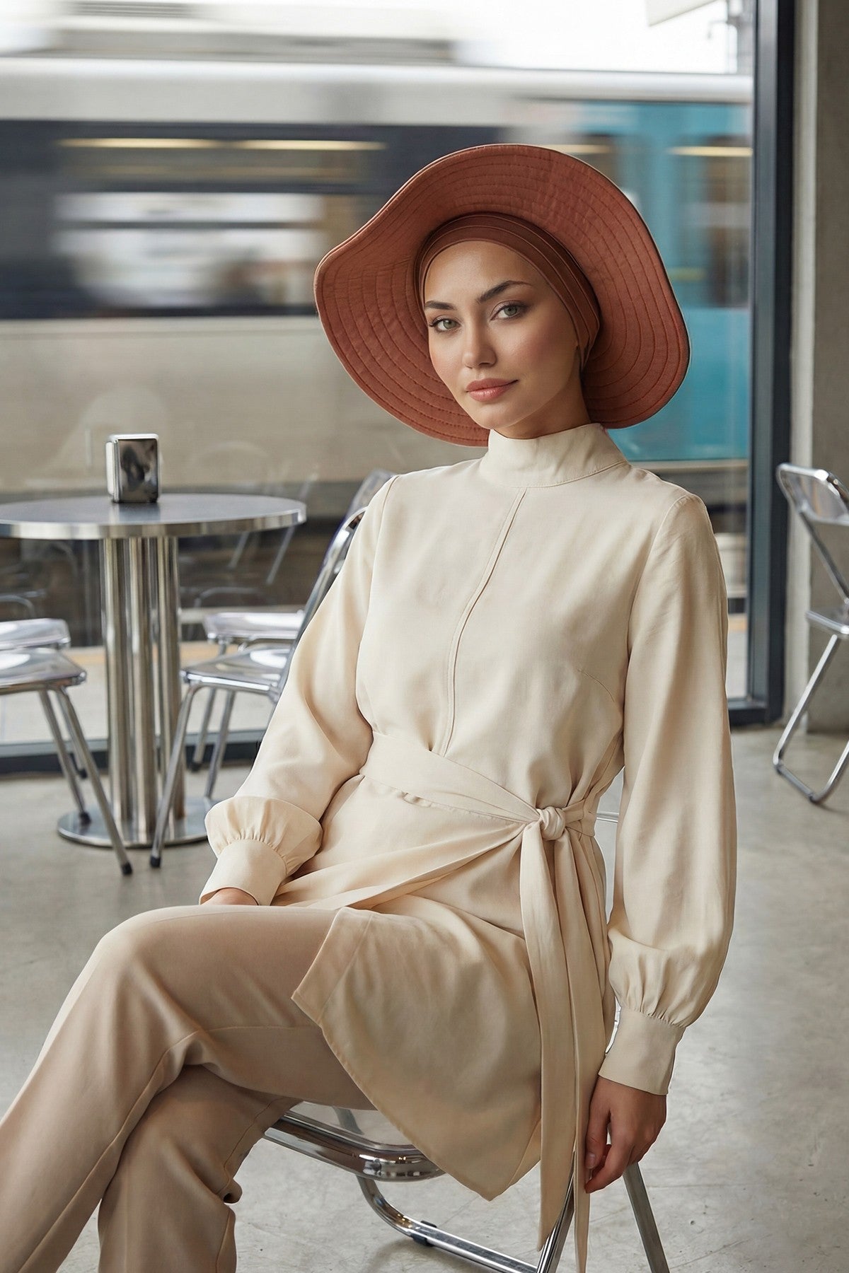 Modest Sun Protective Turban Bonnet with Removable Bow Brim for Women, 2-in-1 Hijab Hat with Removable Brim,S-4 Caramel Brown