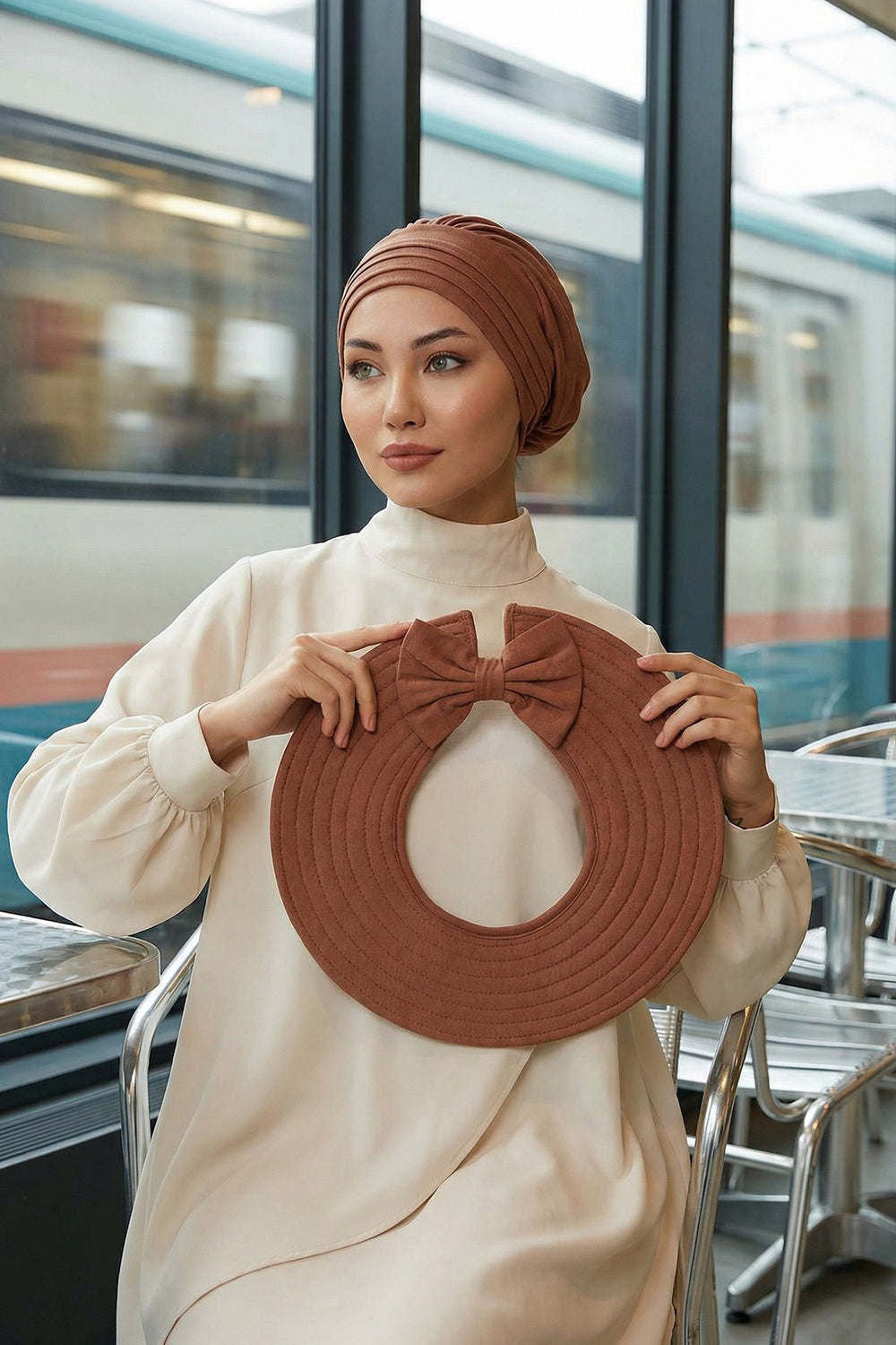 Modest Sun Protective Turban Bonnet with Removable Bow Brim for Women, 2-in-1 Hijab Hat with Removable Brim,S-4 Caramel Brown