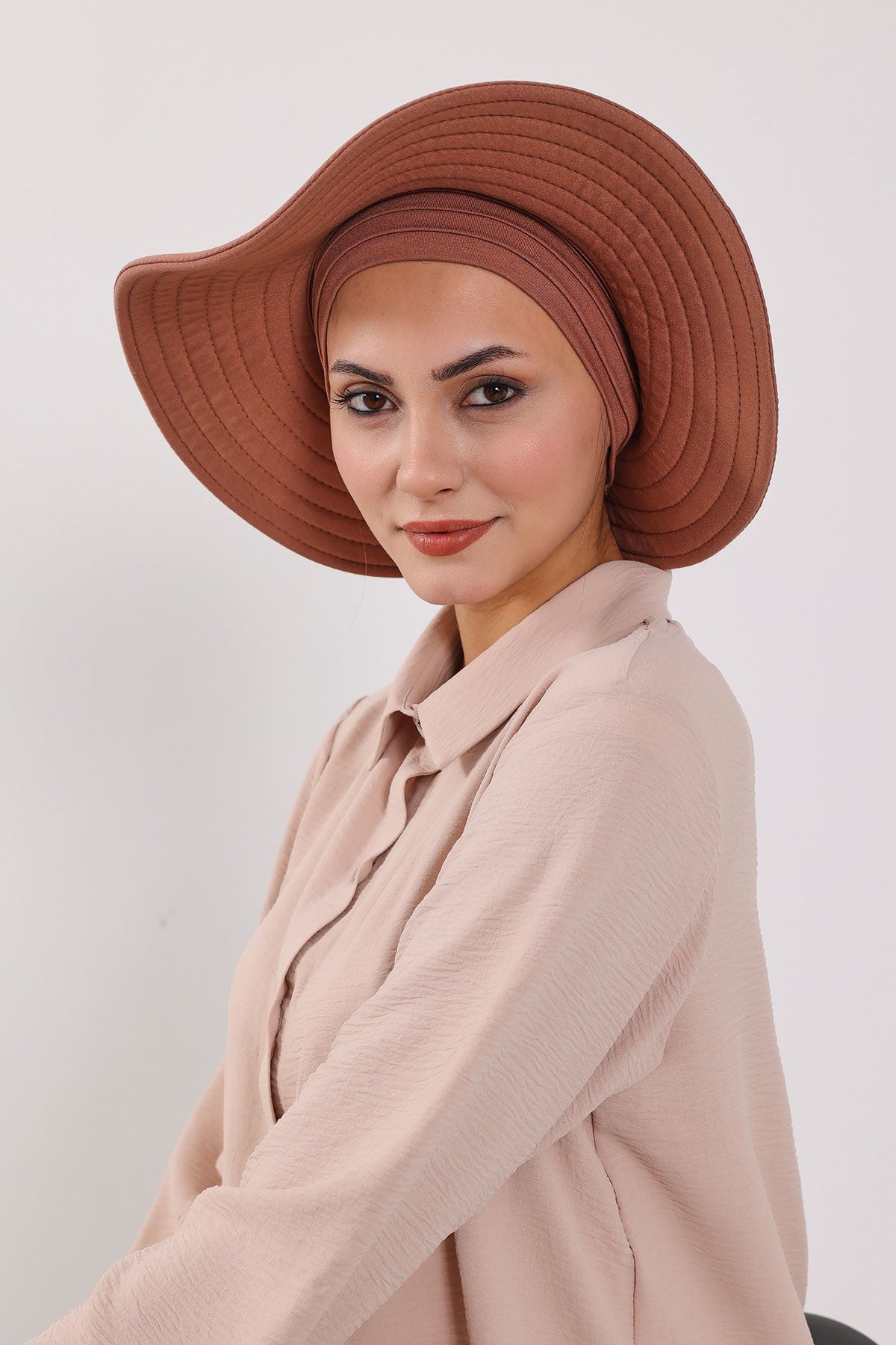 Modest Sun Protective Turban Bonnet with Removable Bow Brim for Women, 2-in-1 Hijab Hat with Removable Brim,S-4 Caramel Brown