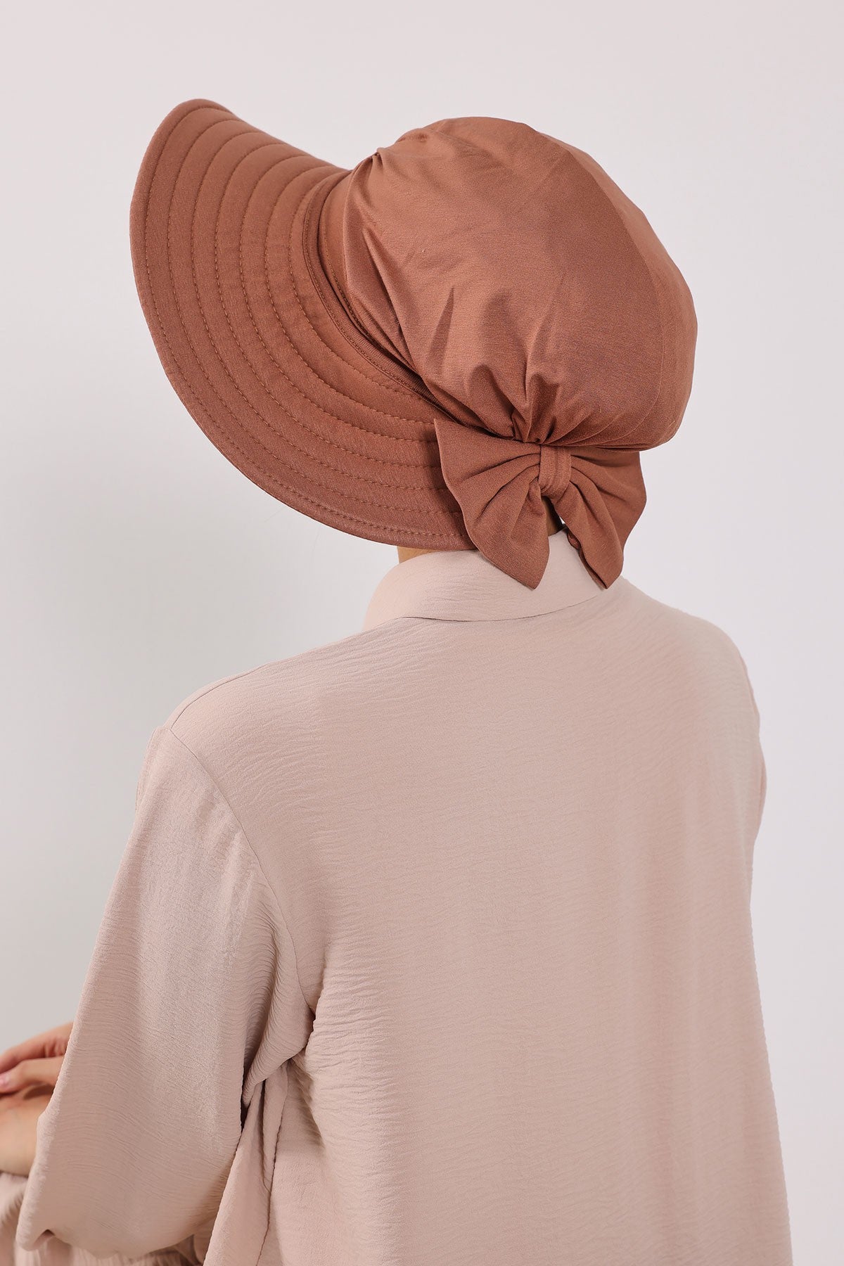 Modest Sun Protective Turban Bonnet with Removable Bow Brim for Women, 2-in-1 Hijab Hat with Removable Brim,S-4 Caramel Brown