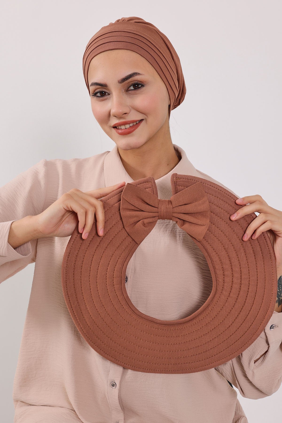 Modest Sun Protective Turban Bonnet with Removable Bow Brim for Women, 2-in-1 Hijab Hat with Removable Brim,S-4 Caramel Brown