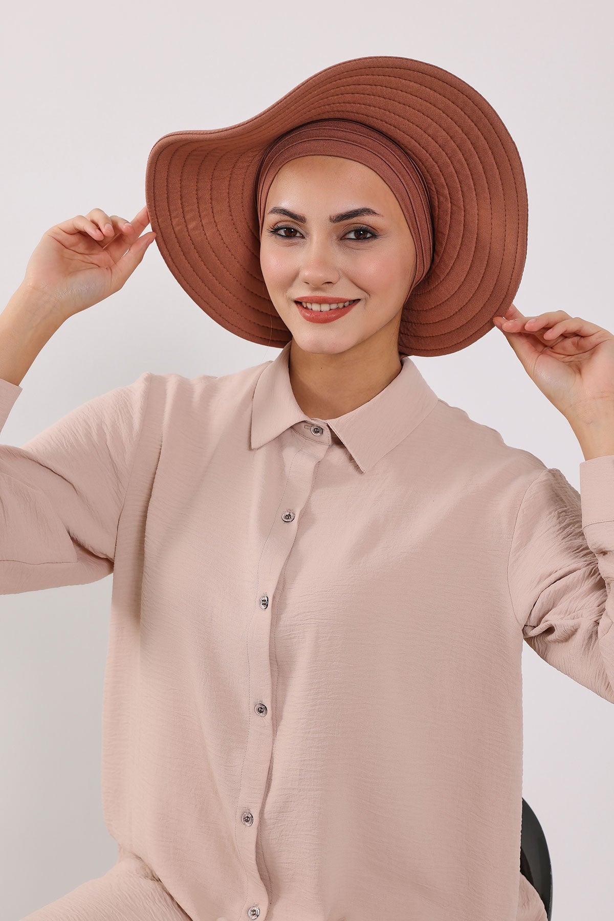 Modest Sun Protective Turban Bonnet with Removable Bow Brim for Women, 2-in-1 Hijab Hat with Removable Brim,S-4 Caramel Brown