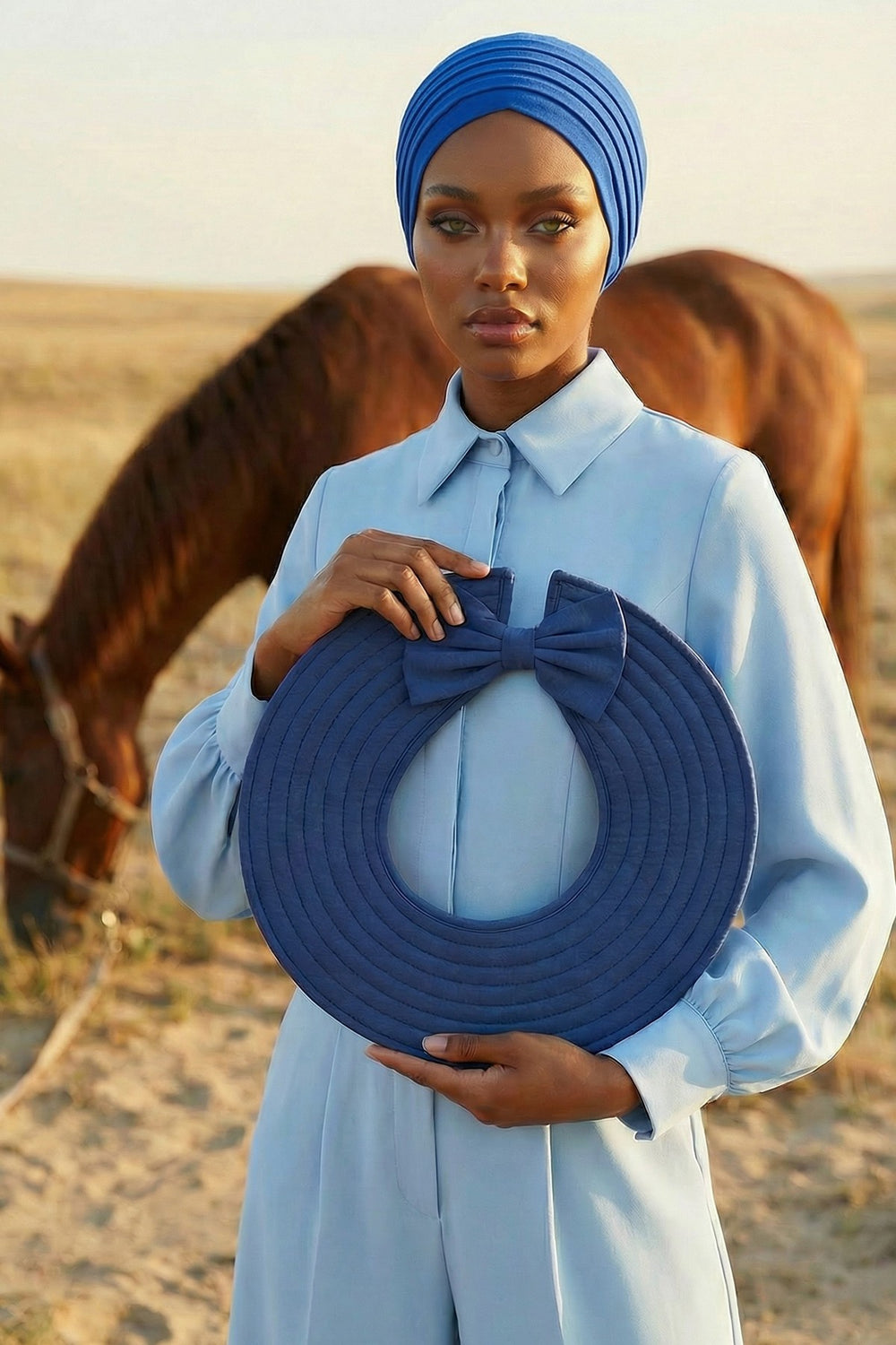 Modest Sun Protective Turban Bonnet with Removable Bow Brim for Women, 2-in-1 Hijab Hat with Removable Brim,S-4 İndigo