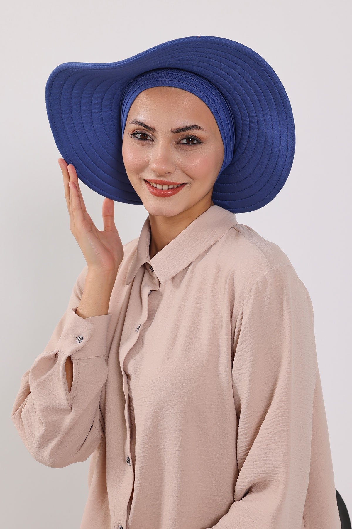 Modest Sun Protective Turban Bonnet with Removable Bow Brim for Women, 2-in-1 Hijab Hat with Removable Brim,S-4 İndigo