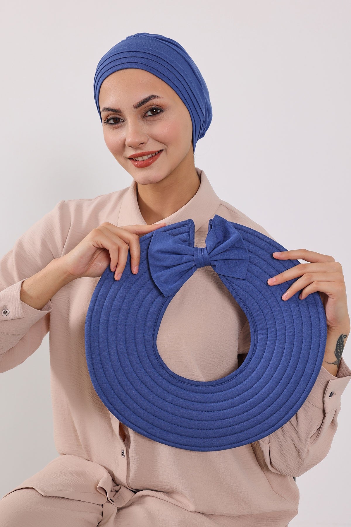 Modest Sun Protective Turban Bonnet with Removable Bow Brim for Women, 2-in-1 Hijab Hat with Removable Brim,S-4 İndigo