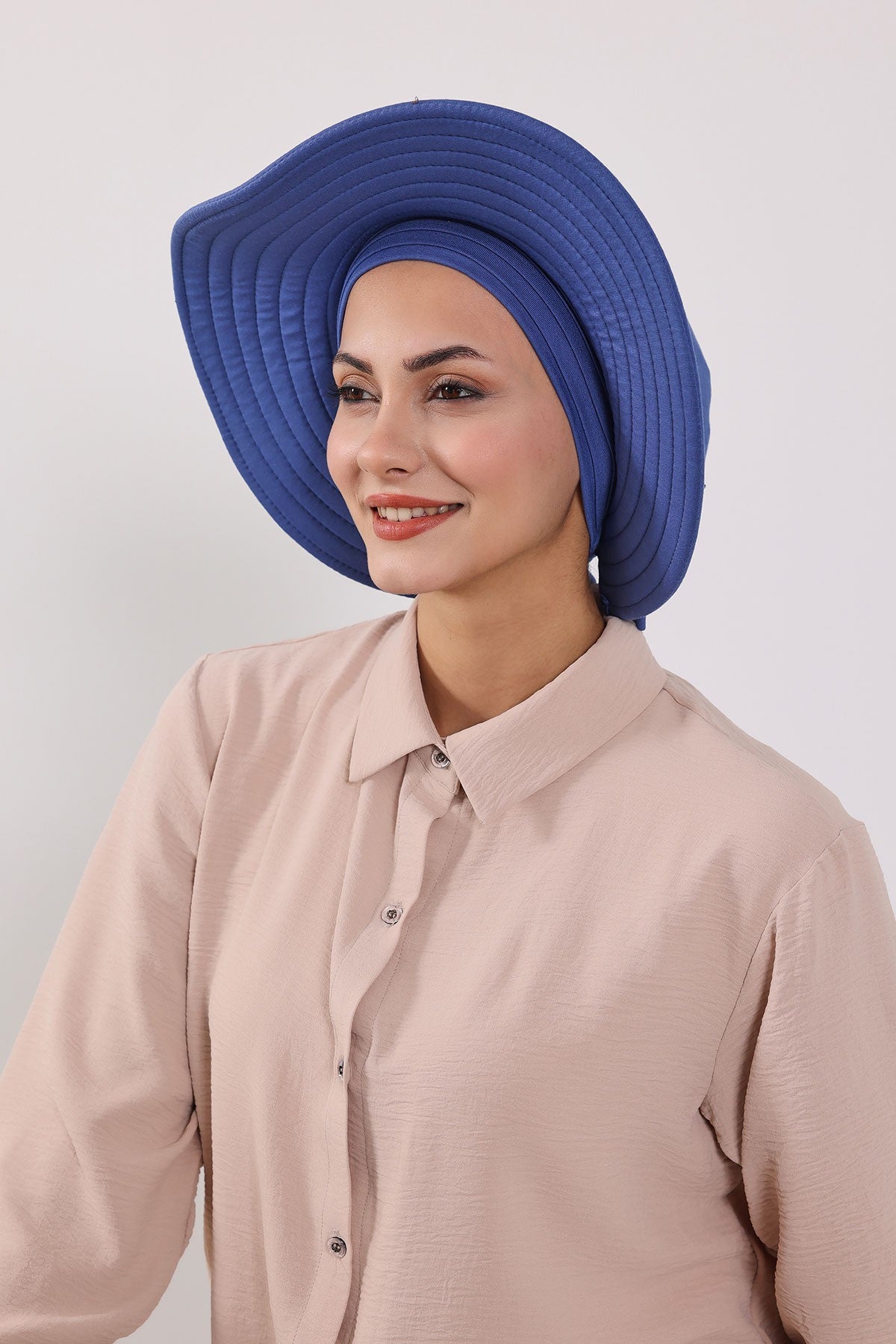 Modest Sun Protective Turban Bonnet with Removable Bow Brim for Women, 2-in-1 Hijab Hat with Removable Brim,S-4 İndigo