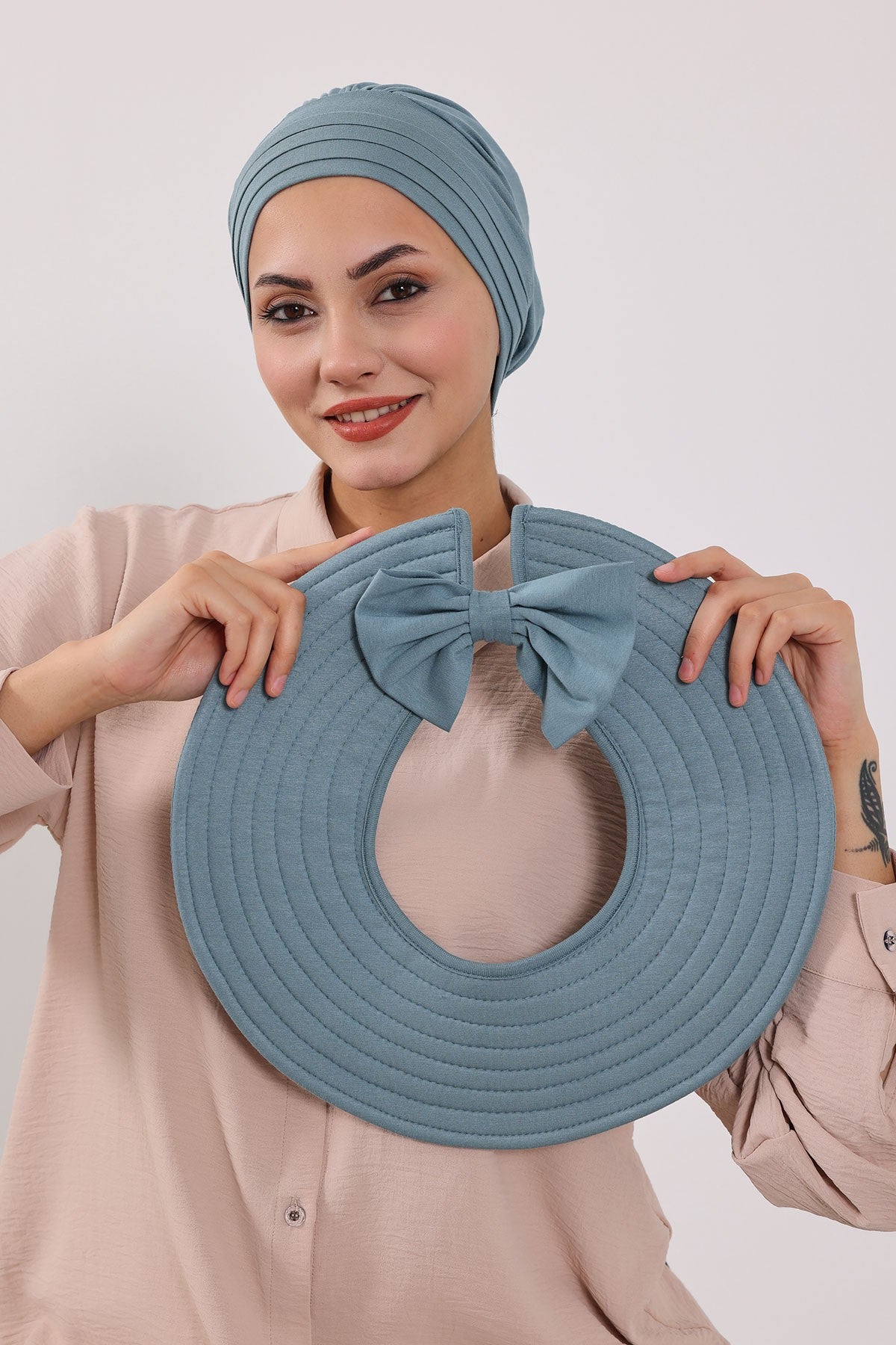 Modest Sun Protective Turban Bonnet with Removable Bow Brim for Women, 2-in-1 Hijab Hat with Removable Brim,S-4 Dark Mint