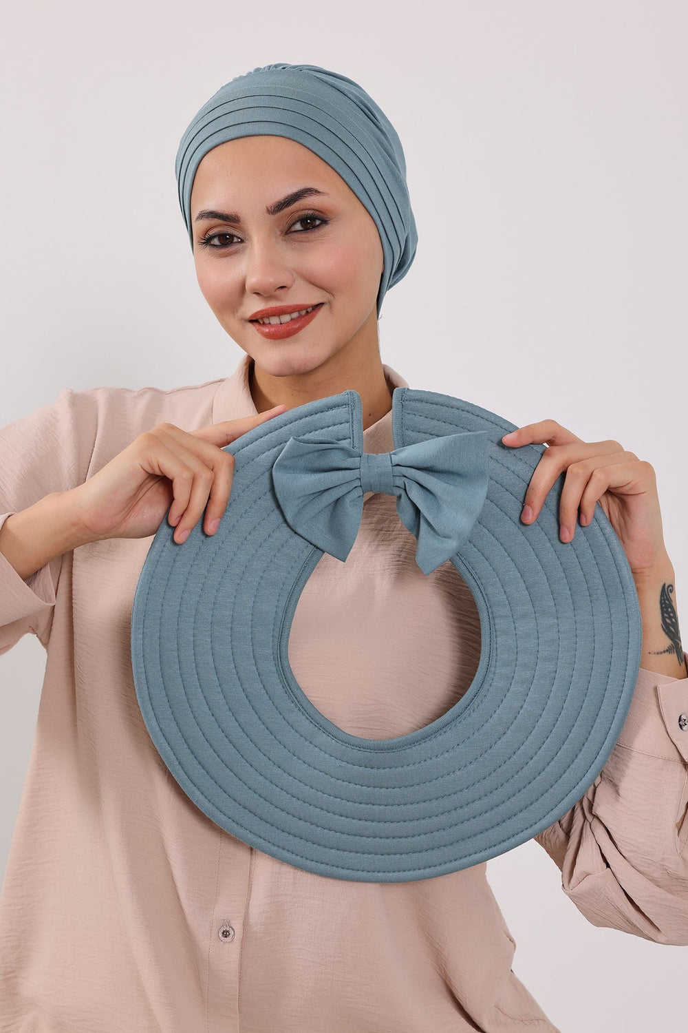 Modest Sun Protective Turban Bonnet with Removable Bow Brim for Women, 2-in-1 Hijab Hat with Removable Brim,S-4 Dark Mint