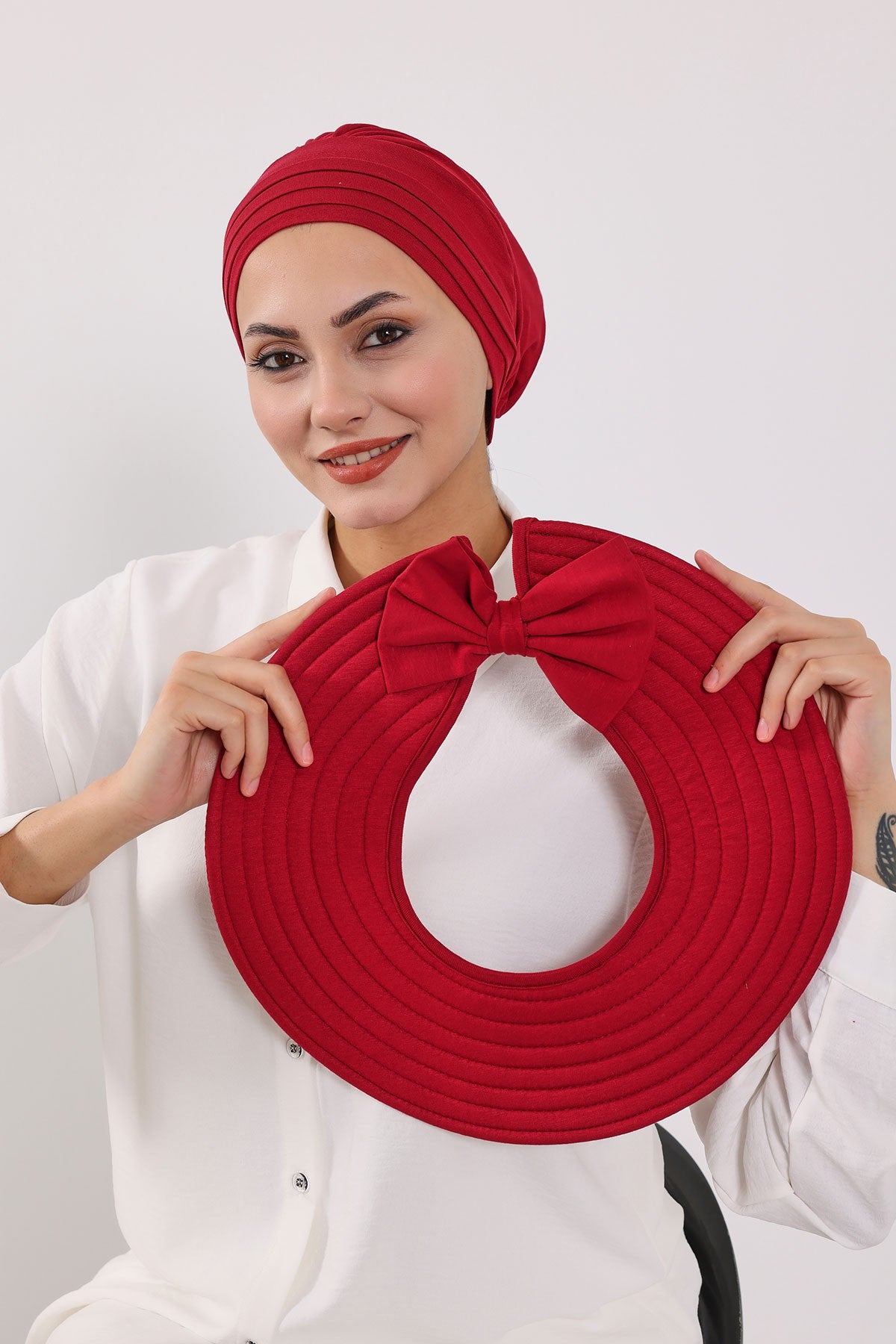 Modest Sun Protective Turban Bonnet with Removable Bow Brim for Women, 2-in-1 Hijab Hat with Removable Brim,S-4 Maroon