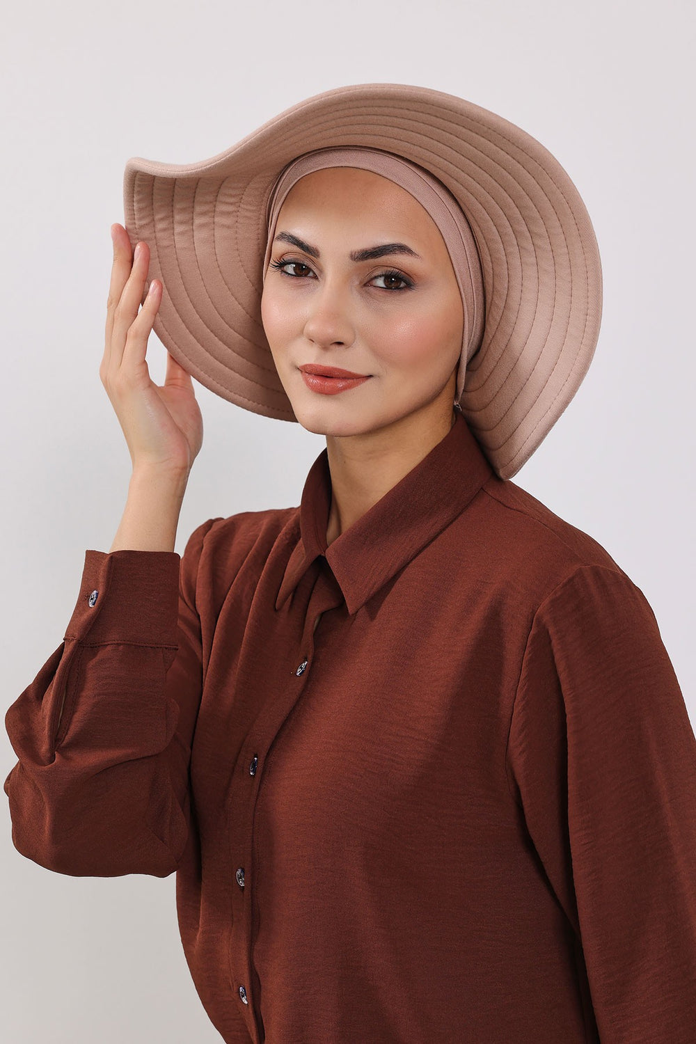 Modest Sun Protective Turban Bonnet with Removable Bow Brim for Women, 2-in-1 Hijab Hat with Removable Brim,S-4 Light Mink