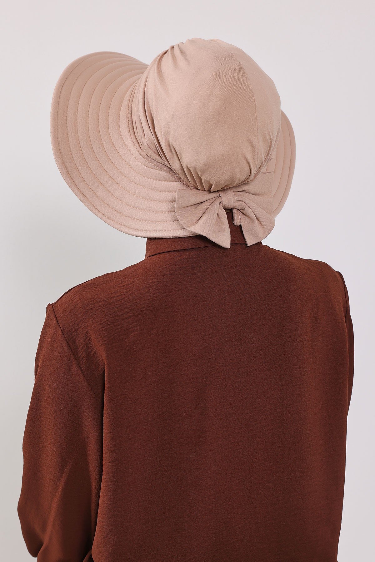 Modest Sun Protective Turban Bonnet with Removable Bow Brim for Women, 2-in-1 Hijab Hat with Removable Brim,S-4 Light Mink