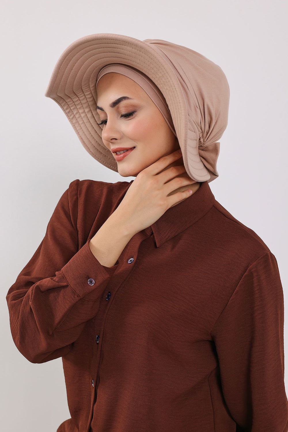 Modest Sun Protective Turban Bonnet with Removable Bow Brim for Women, 2-in-1 Hijab Hat with Removable Brim,S-4 Light Mink