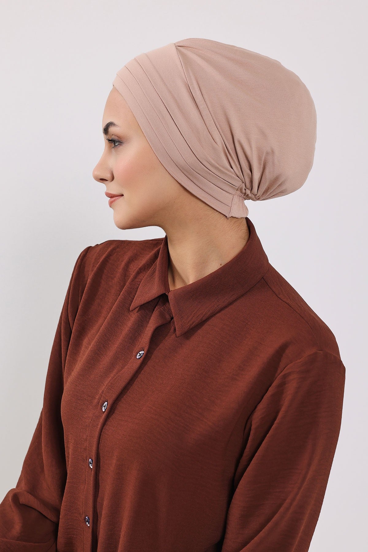 Modest Sun Protective Turban Bonnet with Removable Bow Brim for Women, 2-in-1 Hijab Hat with Removable Brim,S-4 Light Mink