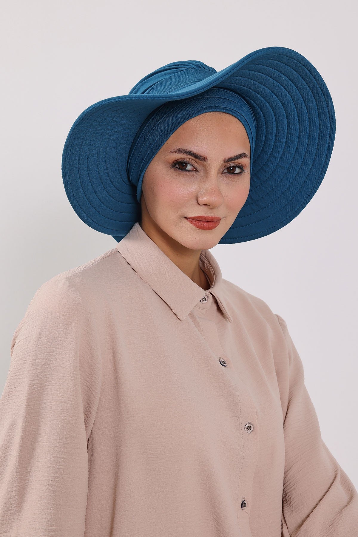 Modest Sun Protective Turban Bonnet with Removable Bow Brim for Women, 2-in-1 Hijab Hat with Removable Brim,S-4 Petrol Blue