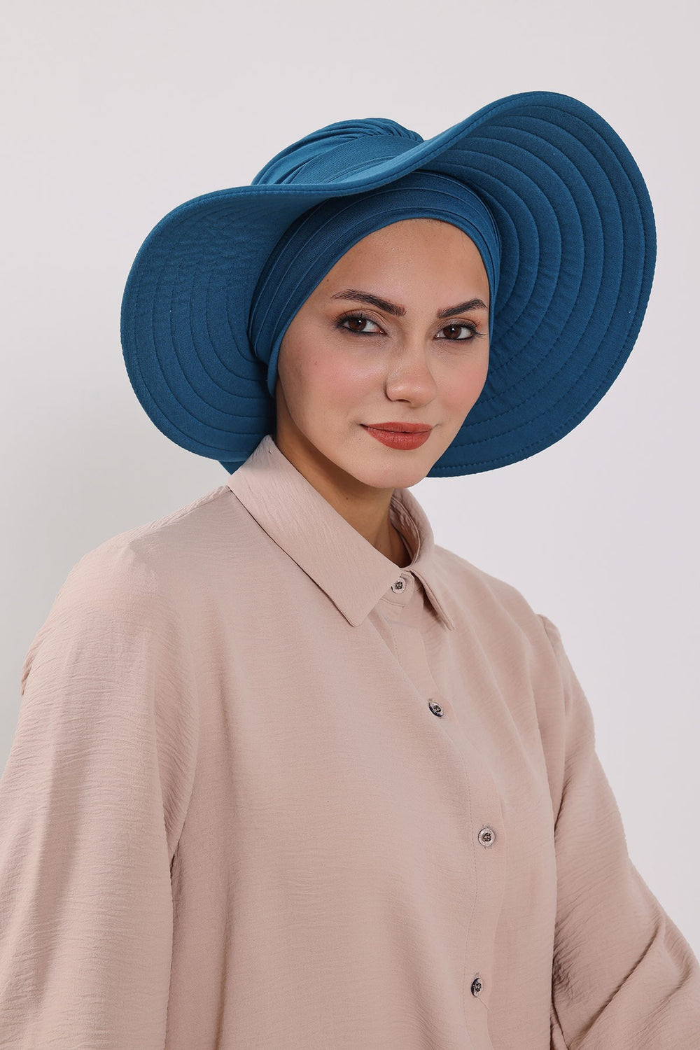 Modest Sun Protective Turban Bonnet with Removable Bow Brim for Women, 2-in-1 Hijab Hat with Removable Brim,S-4 Petrol Blue