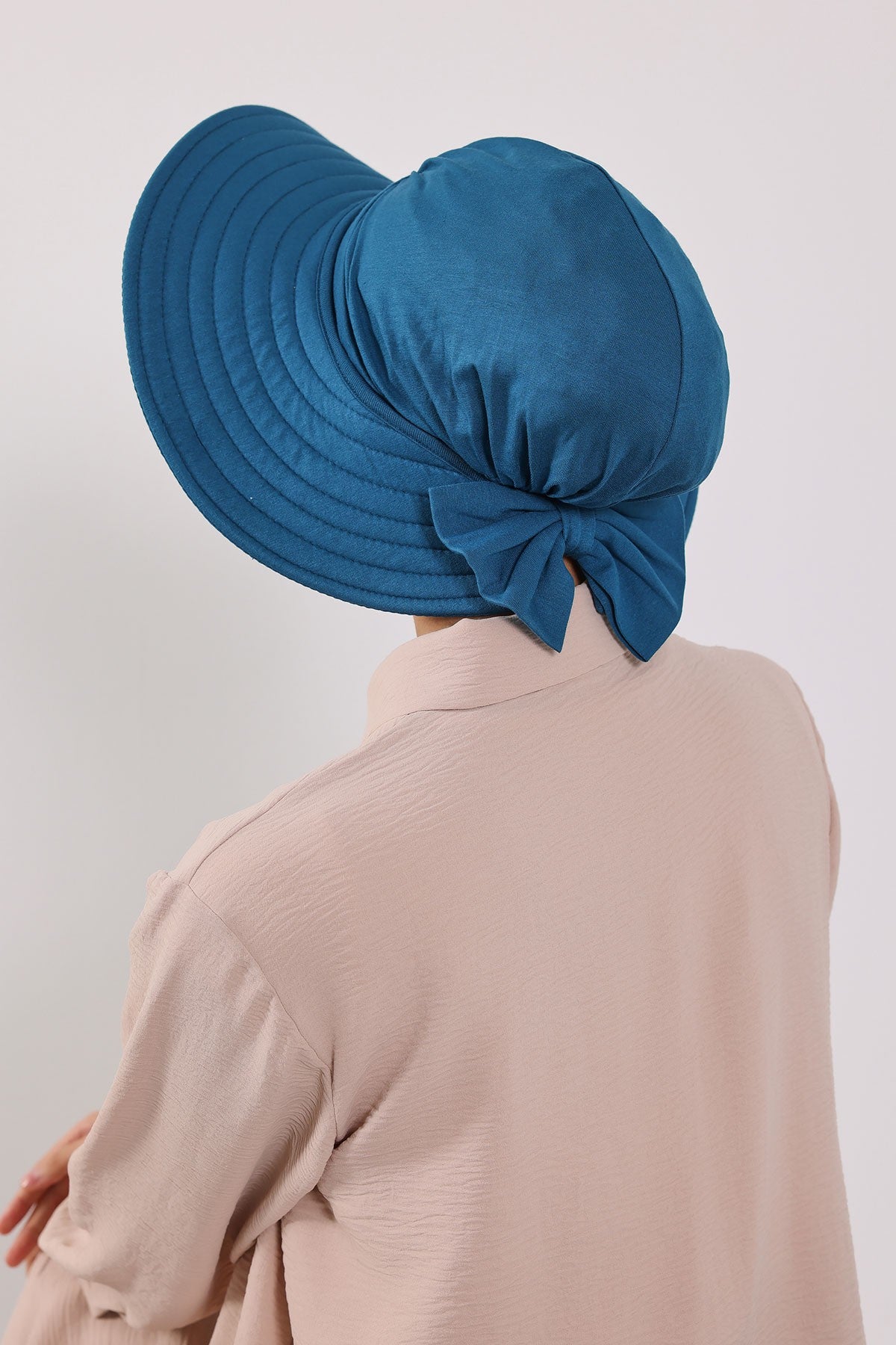 Modest Sun Protective Turban Bonnet with Removable Bow Brim for Women, 2-in-1 Hijab Hat with Removable Brim,S-4 Petrol Blue