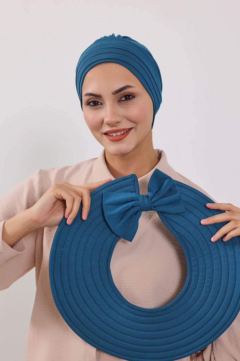 Modest Sun Protective Turban Bonnet with Removable Bow Brim for Women, 2-in-1 Hijab Hat with Removable Brim,S-4 Petrol Blue