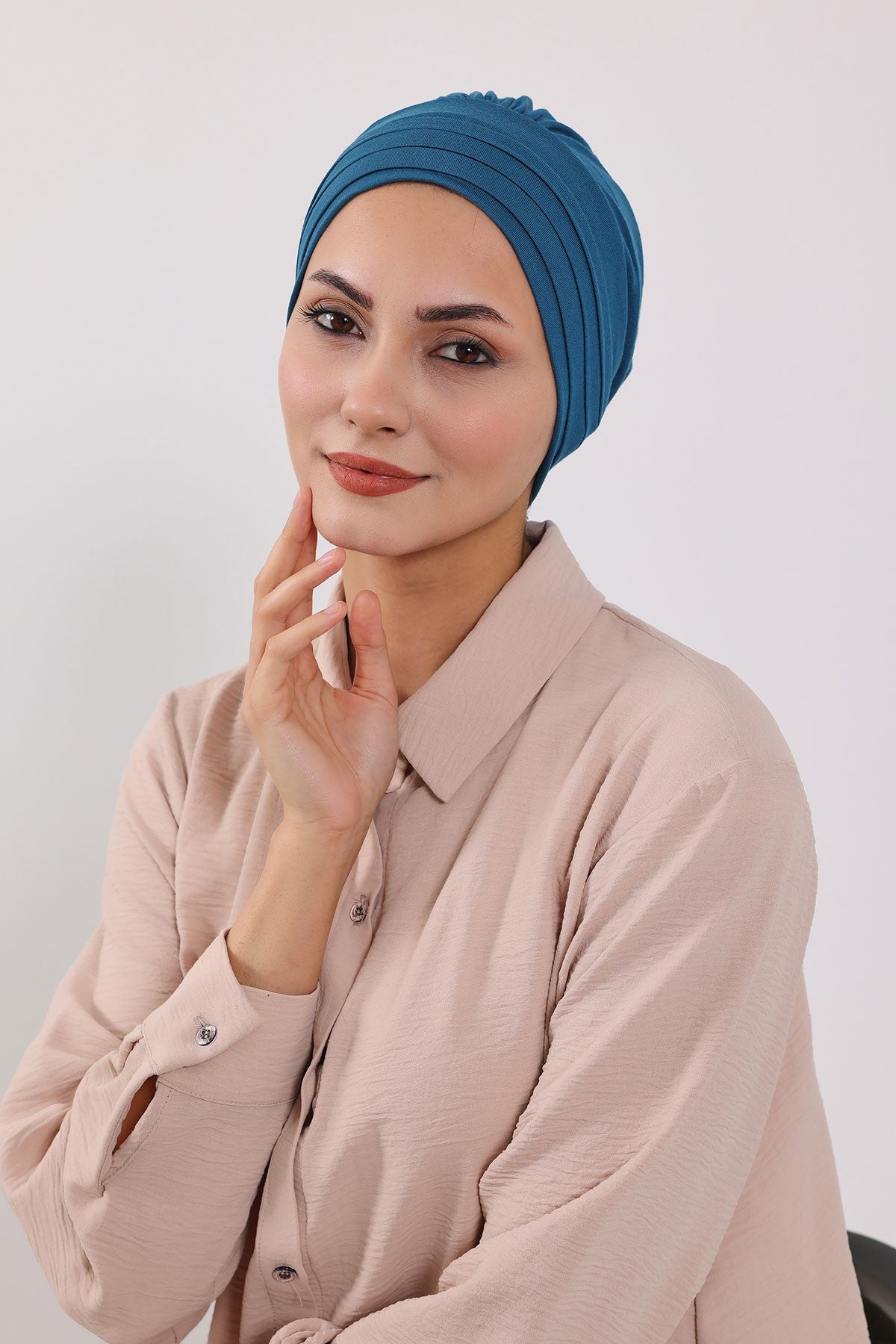 Modest Sun Protective Turban Bonnet with Removable Bow Brim for Women, 2-in-1 Hijab Hat with Removable Brim,S-4 Petrol Blue