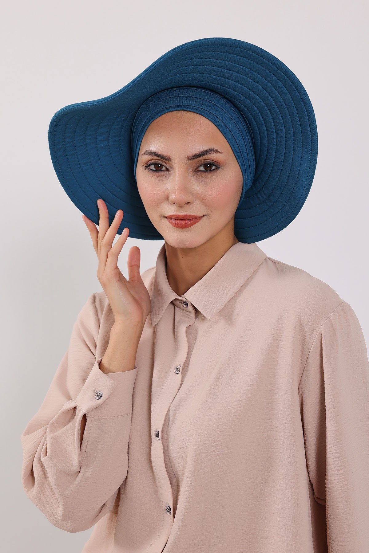 Modest Sun Protective Turban Bonnet with Removable Bow Brim for Women, 2-in-1 Hijab Hat with Removable Brim,S-4 Petrol Blue