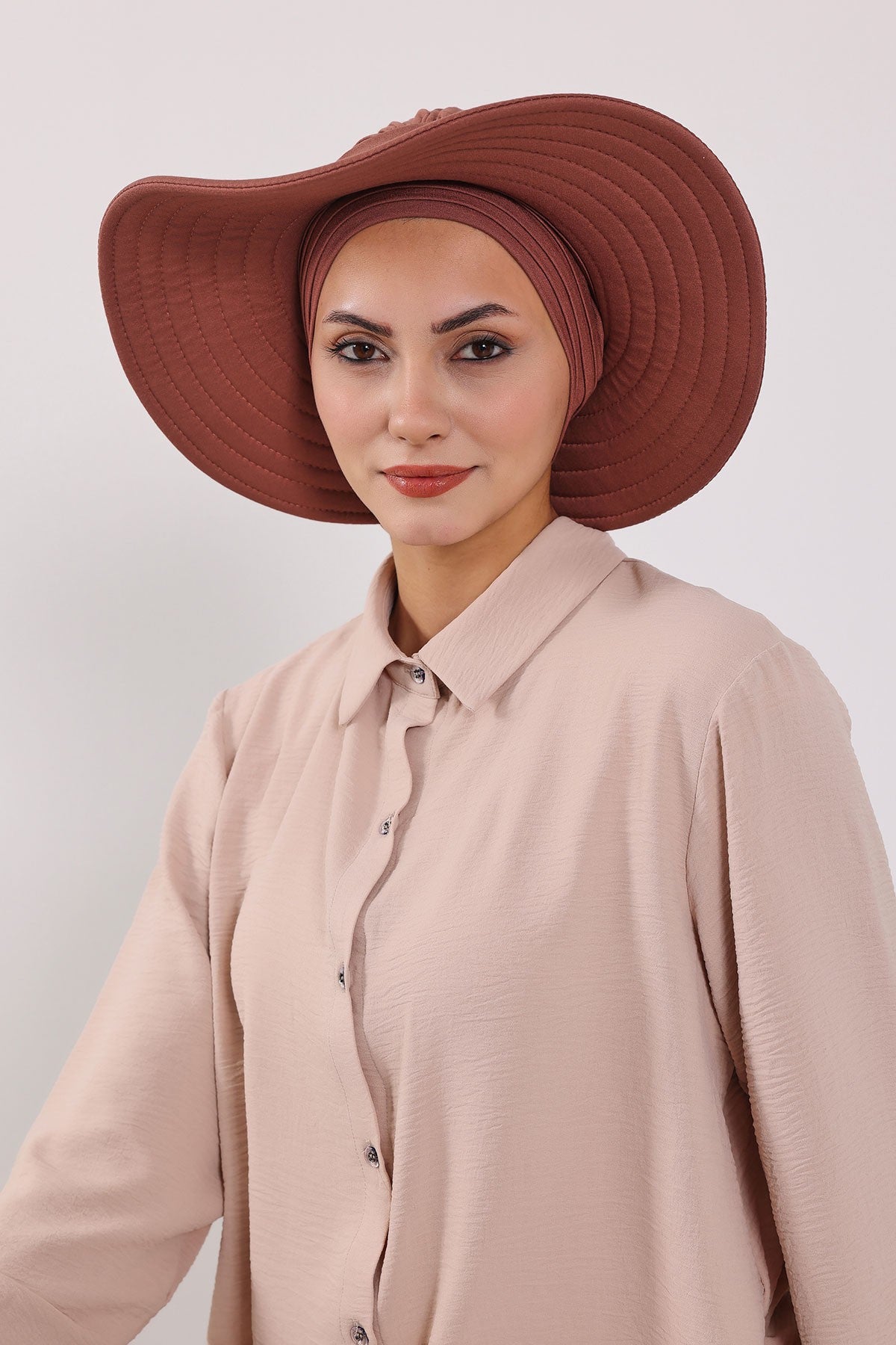 Modest Sun Protective Turban Bonnet with Removable Bow Brim for Women, 2-in-1 Hijab Hat with Removable Brim,S-4 Cinnamon
