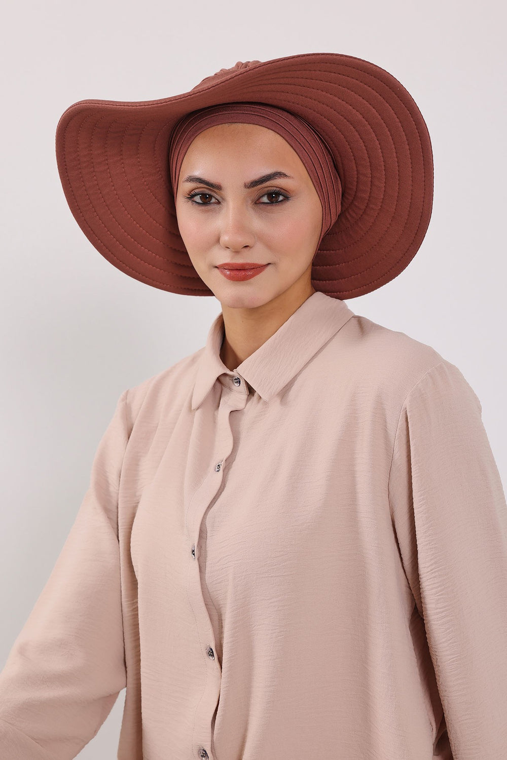 Modest Sun Protective Turban Bonnet with Removable Bow Brim for Women, 2-in-1 Hijab Hat with Removable Brim,S-4 Cinnamon